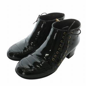 ブーティ エナメル ラウンドトゥ レースアップ ココマーク ゴールド金具 36.5 23.5cm 黒 ブラック