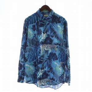 シャツ 長袖 ステンカラー 総柄 ゼブラ アニマル柄 ロゴ 42 XS 青 ブルー GY19 /MQ