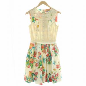 ワンピース ロング ノースリーブ レース 花柄 絹 シルク イタリア製 40 白 ホワイト マルチカラー