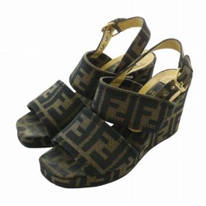 サンダル キャンバス オープントゥ ウェッジソール ストラップ ズッカ柄 総柄 茶色 ブラウン /XZ