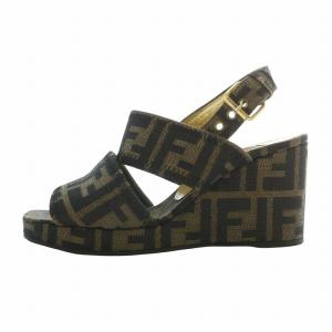 FENDI サンダル キャンバス オープントゥ ウェッジソール ストラップ ズッカ柄 総柄 茶色 ブラウン /XZ