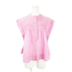 ブラウス 半袖 ノースリーブ ハーフボタン タック ギャザー コットン 小さいサイズ 34 XS ピンク