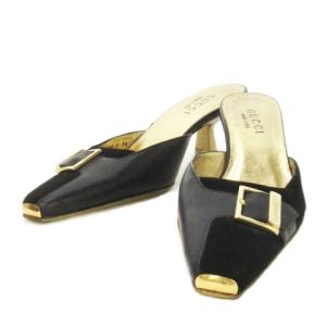 ミュール ミドルヒール スクエアトゥ 切替 ベルトデザイン ロゴ 36C 23cm 黒 ブラック /MN5