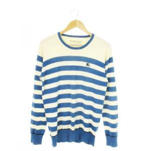 ニットソー カットソー クルーネック 長袖 コットン ボーダー ロゴ刺繍 3 L 青 ブルー /AO11