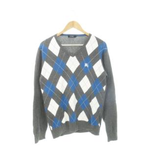 ニット セーター Vネック 長袖 アーガイル チェック ロゴ刺繍 3 L グレー /AH2 GY19
