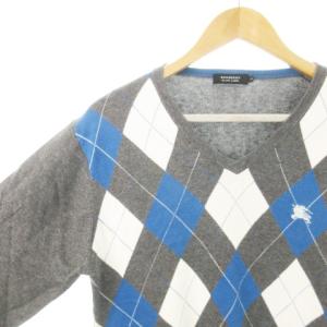 BURBERRY BLACK LABEL ニット セーター Vネック 長袖 アーガイル チェック ロゴ刺繍 3 L グレー /AH2 GY19