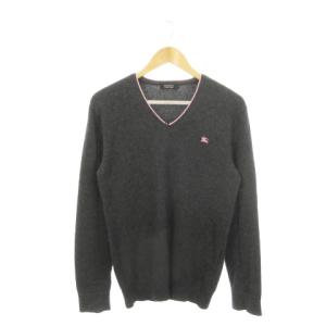 ニット セーター Vネック 長袖 カシミヤ ライン ロゴ刺繍 2 M 黒 ブラック ピンク /MN18