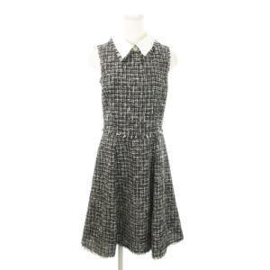 ひざ丈ワンピース ファンシーツイード 襟付き ノースリーブ フリンジ 切替 小さいサイズ 0 XS 黒