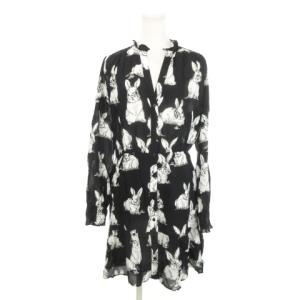 シャツワンピース ミニ ハイネック 長袖 ブラウジング 切替 うさぎ柄 総柄 42 L 黒 ブラック /MN18