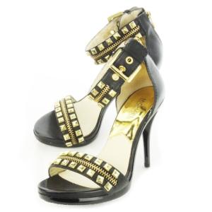 ハイヒールサンダル ピンヒール レザー 革 ジップ スタッズ ゴールド金具 大きいサイズ 8.5 25.5cm
