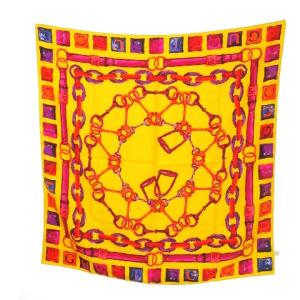 スカーフ 大判 正方形 シルク 絹 ホースビット ロゴ 総柄 黄 イエロー /MN2 GY19