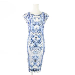 ひざ丈ワンピース ノースリーブ ストレッチ とろみ 花柄 総柄 40 S 青 ブルー /AO20 GY19