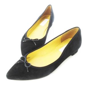 パンプス バレエ ローヒール アーモンドトゥ レザー 革 スエード リボン 24.5cm 黒 ブラック