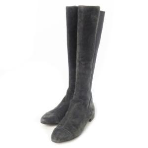 ロングブーツ ローヒール ラウンドトゥ スエード レザー 革 切替 ゴア ロゴ 7.5 24.5cm グレー