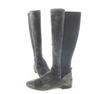 TORY BURCH ロングブーツ ローヒール ラウンドトゥ スエード レザー 革 切替 ゴア ロゴ 7.5 24.5cm グレー
