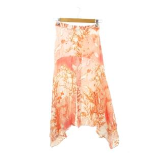 フレアスカート ロング シルク 絹 ヘムライン フロントスリット 切替 総柄 36 S サーモンピンク