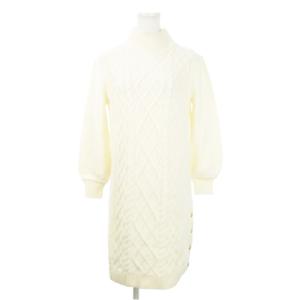 ニットワンピース ミニ 長袖 ハイネック ウール 金ボタン スリット アラン柄 38 M アイボリー クリーム