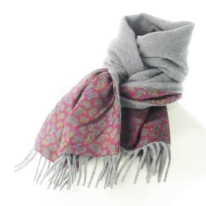 ETRO マフラー ダブルフェイス カシミヤ シルク 絹 フリンジ 無地 ペイズリー グレー 赤 ワイン /CK32
