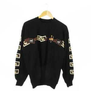トレーナー スウェット クルーネック 長袖 刺繍 ロゴ ドッグ アニマル 裏毛 M 黒 ブラック /AO14