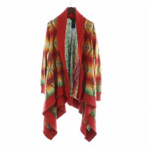 ニット カーディガン ガウン ショールカラー 前開き オルテガ ネイティブ柄 総柄 M 赤 レッド GY03