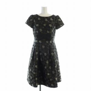 近年モデル ロングワンピース 半袖 リボン 花柄 ロゴ フレア 36 S グレー 黒 ブラック GY03