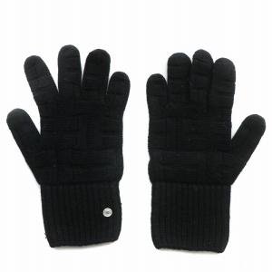 手袋 グローブ ニット 五本指 ウール 模様編み セリエボタン M 黒 ブラック /XZ OH GY03
