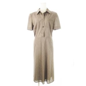 シャツワンピース ロング 半袖 フロントハーフボタン ウール 薄手 F 茶 ブラウン /CK20 GY03