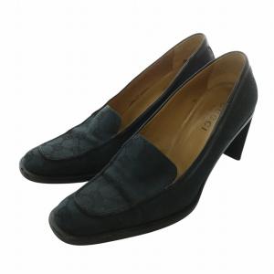 パンプス キャンバス スクエアトゥ チャンキーヒール GG柄 総柄 37.5 24.5cm 紺 ネイビー