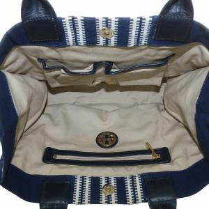 TORY BURCH トートバッグ ハンド キャンバス レザー ストライプ ロゴ 紺 ネイビー /XZ GY03