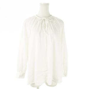 ブラウス クルーネック 長袖 ストレッチ ギャザー リボン 36 S 白 ホワイト /AO18 GY03