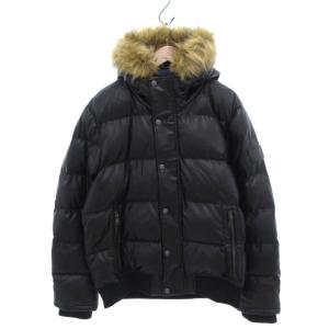 中綿ジャケット ブルゾン PUレザー フォックスファー切替 フード付き XL 黒 ブラック 150AU263