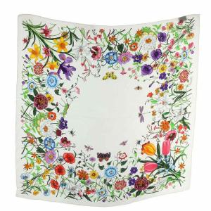 スカーフ シルク 大判 花柄 ホワイト