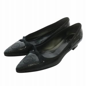 パンプス エナメル ポインテッドトゥ ローヒール リボン 刺繍 35.5 22.5cm 黒 ブラック /XZ