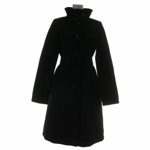 コート アウター ウール アンゴラ混 ロング ハイネック 裏地チェック柄 ベルト付き 38 M 黒 ブラック