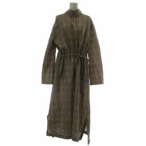 ワンピース ウール 長袖 ロング ボウタイ チェック柄 2 M 茶色 ブラウン /XZ GY19