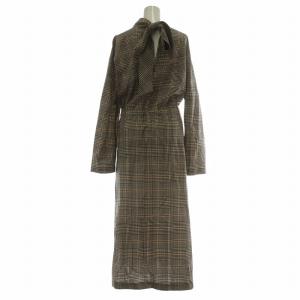 Ujoh ワンピース ウール 長袖 ロング ボウタイ チェック柄 2 M 茶色 ブラウン /XZ GY19