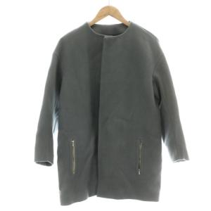 ノーカラーコート ミドル ハーフ アウター ウール 総裏地 比翼 灰 グレー 緑 グリーン /MP GY19