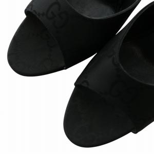 GUCCI サンダル ミュール ナイロン レザー オープントゥ ハイヒール GG柄 総柄 7B 24cm 黒 ブラック