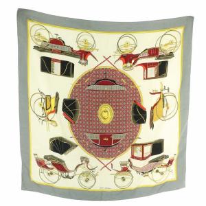 HERMES カレ90 折りたたみ式幌馬車 スカーフ 絹 シルク 総柄 ロゴ グレー 赤 レッド /XZ OH GY19