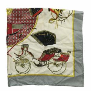 HERMES カレ90 折りたたみ式幌馬車 スカーフ 絹 シルク 総柄 ロゴ グレー 赤 レッド /XZ OH GY19