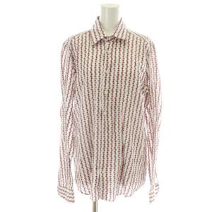 カジュアルシャツ ブラウス 長袖 レギュラーカラー 総柄 白 ホワイト 赤 レッド オレンジ マルチカラー