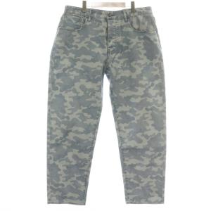 デニムパンツ ジーンズ テーパード 迷彩柄 カモフラ 総柄 ボタンフライ ロゴ 大きいサイズ 36 青
