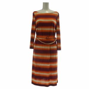 ワンピース ドレス 絹 シルク 七分袖 ロング ボートネック ボーダー グラデーション ベルト 40 M