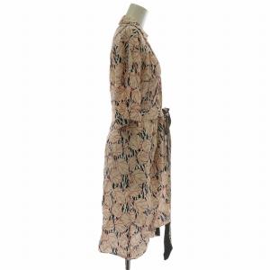DIANE von FURSTENBERG 近年モデル ラップワンピース シャツ 七分袖 ひざ丈 Vネック 総柄 ベルト XS ベージュ 赤 レッド