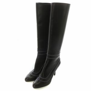 ロングブーツ レザー ポインテッドトゥ ハイヒール バックジップ 6.5 24cm 茶色 ブラウン 紫