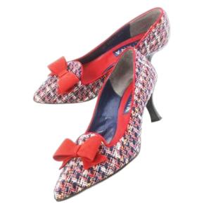 パンプス アーモンドトゥ ハイヒール ファンシーツイード ファブリック リボン 23.5cm 赤 レッド