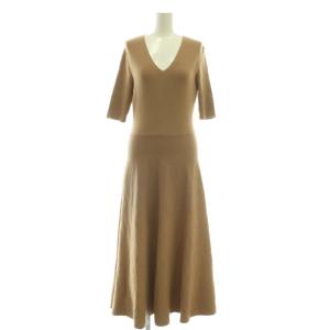 リブニットワンピース ロング 五分袖 Vネック 茶 38 /CX OS GY19