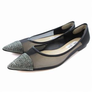 フラットシューズ パンプス ポインテッドトゥ ラインストーン シアー 38.5 25.5cm 黒 ブラック