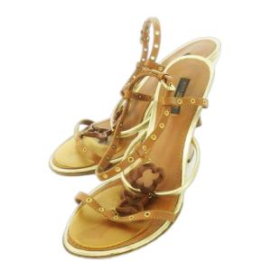 ストラップサンダル ウェッジソール レザー 革 フラワーロゴ ウッド ハトメ 大きいサイズ 38.5 25.5cm