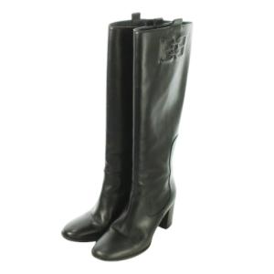 ロングブーツ ハイヒール アーモンドトゥ レザー 革 ロゴ 36.5 23.5cm 黒 ブラック /AO1